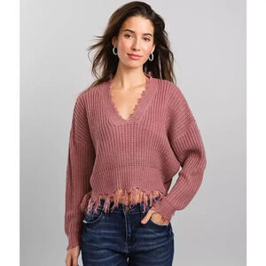 Love Tree Women's Small Pink Distressed V-Neck Fringed Ribbed Knit Sweater‎